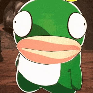 a green and white cartoon character with a yellow beak