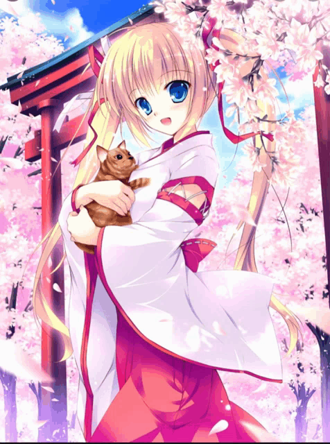 a blonde anime girl is holding a cat in her arms in front of a cherry blossom tree
