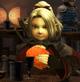 a girl with blonde hair is holding a sword and an orange ball