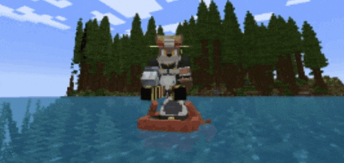 a minecraft screenshot of a wolf on a raft