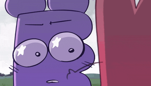 a cartoon drawing of a purple object with a star on its eyes