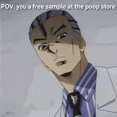 a man in a striped shirt and tie is asking for a free sample from the poop store