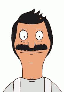 a cartoon man with a mustache and big eyes is wearing a white shirt and suspenders .