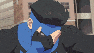 a cartoon character with blue hair is making a funny face with his hands