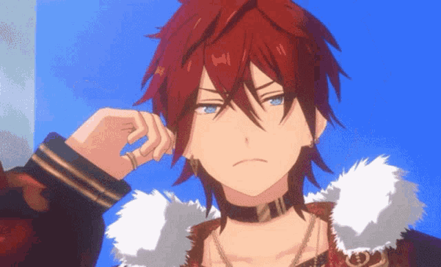 a cartoon character with red hair and blue eyes is wearing a fur coat