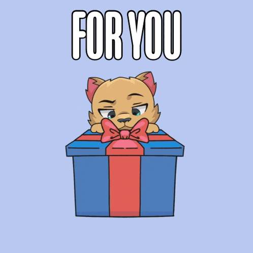 a cartoon cat is peeking out of a blue gift box with the words " for you " above it
