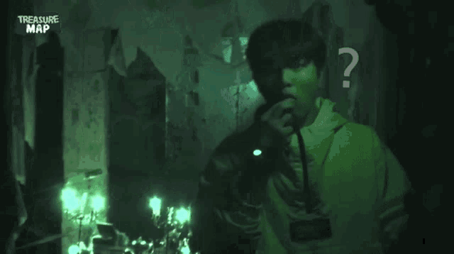 a dark room with a treasure map on the bottom