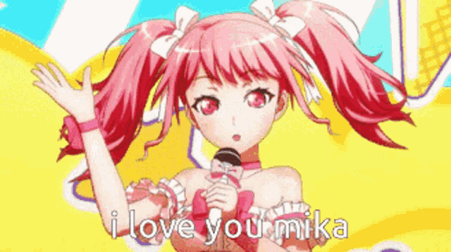 a pink haired anime girl singing into a microphone with the words " i love your mika " above her
