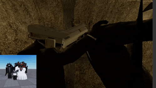 a person holding a gun in a video game with a robot in the background