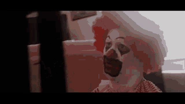 a clown with a red wig and face paint is sitting in front of a computer screen .