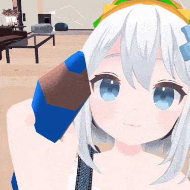 a girl with white hair and blue eyes is holding a blue and brown pencil
