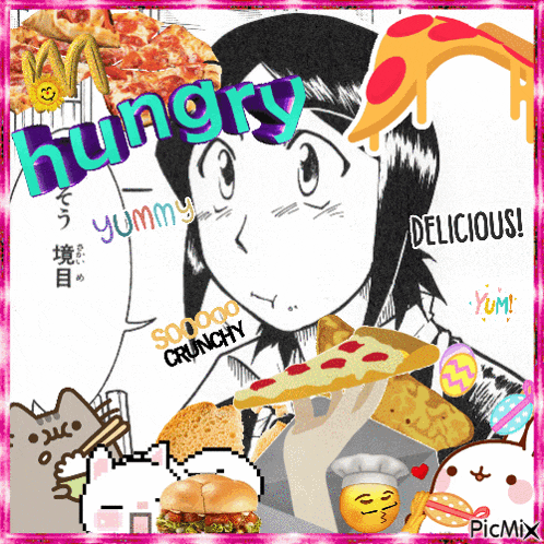 a picture of a girl holding a slice of pizza with the words hungry yummy delicious written on it