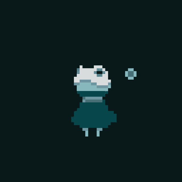 a pixel art of a frog with a blue eye on a black background