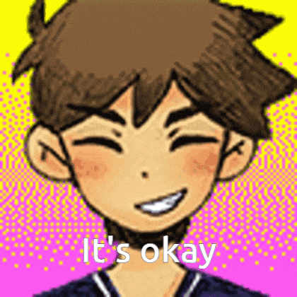 a pixel art drawing of a boy smiling with the words `` it 's okay '' written below him .