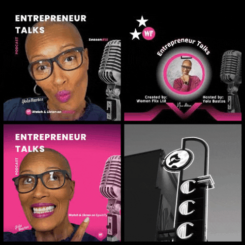 a woman with glasses is featured on the cover of entrepreneur talks podcast