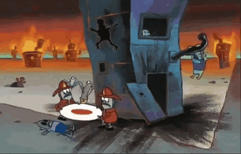 a cartoon of a fireman standing in front of a building that is on fire