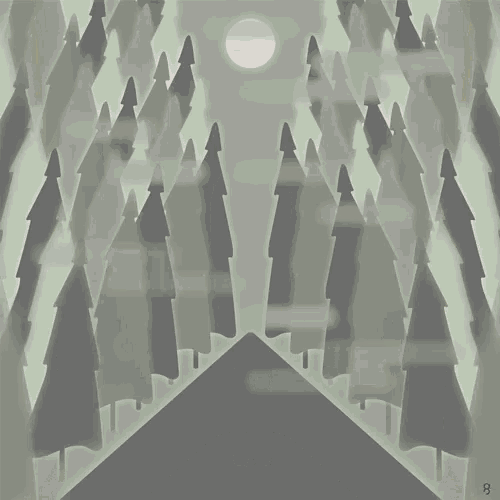 a drawing of a forest with trees and a full moon