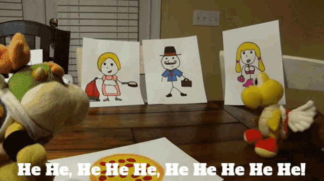 a stuffed animal is standing in front of a table with drawings and the words he he he he he he he he he