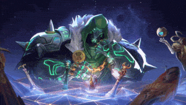 a painting of a giant monster with a sword and a shield