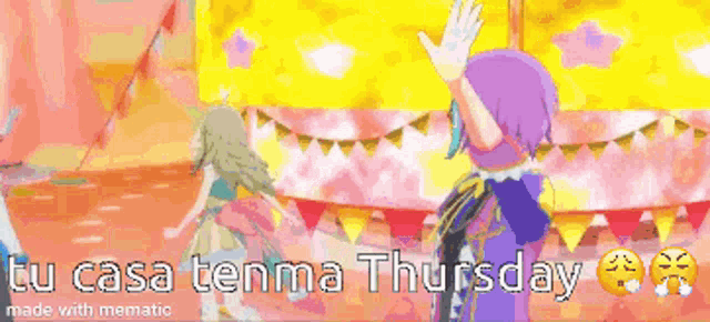 a pixel art of a girl dancing with the words `` tu casa tenha thursday ''