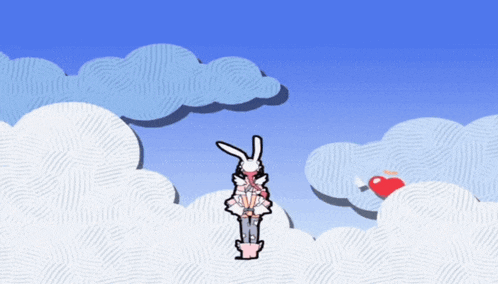a cartoon drawing of a rabbit standing in the clouds with a heart in the background