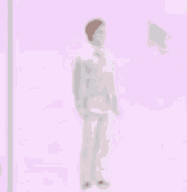 a barbie doll is standing in front of a pink background .
