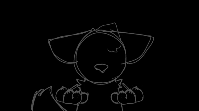 a black and white drawing of a cat with its eyes closed and its paws outstretched on a black background .