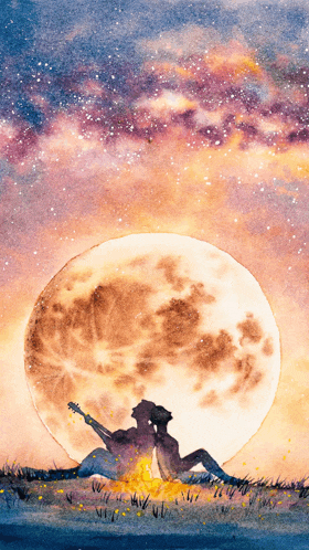 a watercolor painting of a man playing a guitar in front of a full moon