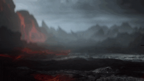 a painting of a volcano erupting in the mountains