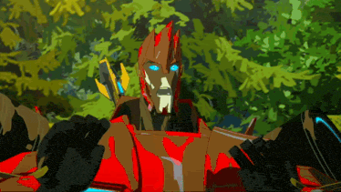 a cartoon drawing of a robot with blue eyes and red hair
