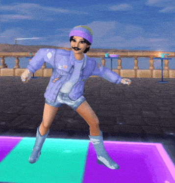 a girl in a denim jacket and shorts is dancing on a purple floor