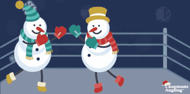 two snowmen are boxing in a boxing ring with chapmans angling in the corner
