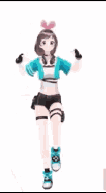 a girl with headphones and a pink bow on her head is dancing .