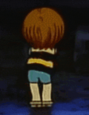 a cartoon character is standing in a dark room with a blue background