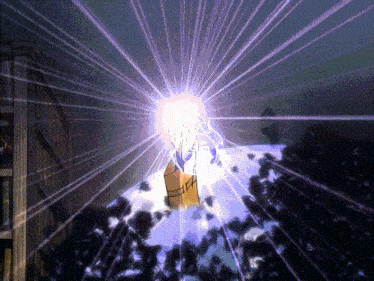 a cartoon scene with a purple light coming out of a box with the letter h on it