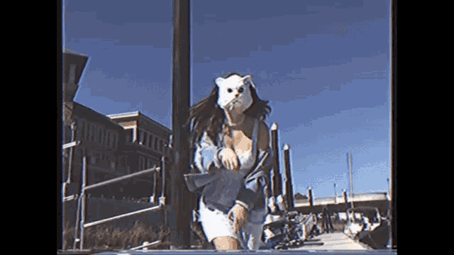a woman wearing a cat mask is standing on a dock .