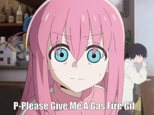 a girl with pink hair and blue eyes asks for a gas fire gif