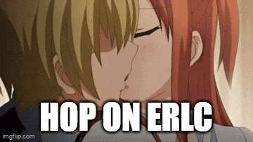 a man and a woman are kissing with the words `` hop on erlc '' written on the bottom .