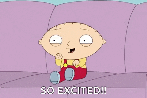 a cartoon character from family guy is sitting on a couch and saying `` so excited '' .