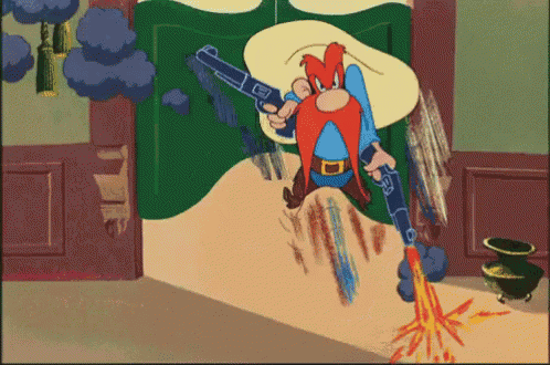 a cartoon character holding a gun with a rocket coming out of his mouth
