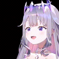 a girl with purple hair and a crown on her head is looking at the camera .