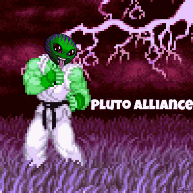 a pixel art drawing of a karate man with the words pluto alliance below him