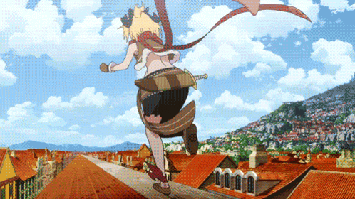 a girl with a sword is jumping over a city with red roofs
