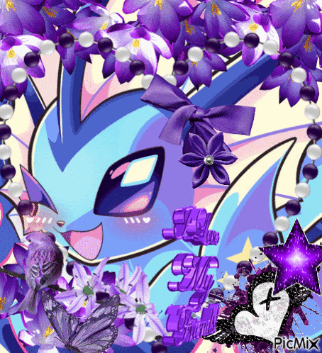 a picture of a cartoon character with purple flowers and beads with the words i love my friends
