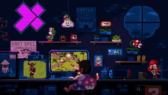 a pixel art drawing of a person playing a video game