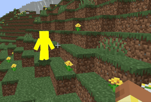 a yellow minecraft character with a cross on his chest walks through a field of flowers