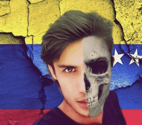 a man with a skull on his face in front of a flag