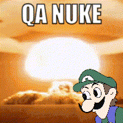 a cartoon of mario standing in front of a nuclear explosion with the words qa nuke on the bottom