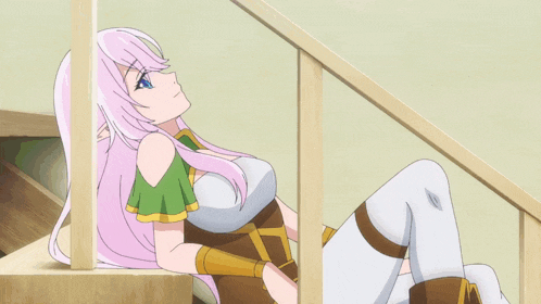 a girl with pink hair and blue eyes is sitting on a staircase
