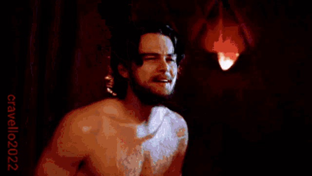 a pixelated image of a shirtless man with the words c'mon written on the bottom